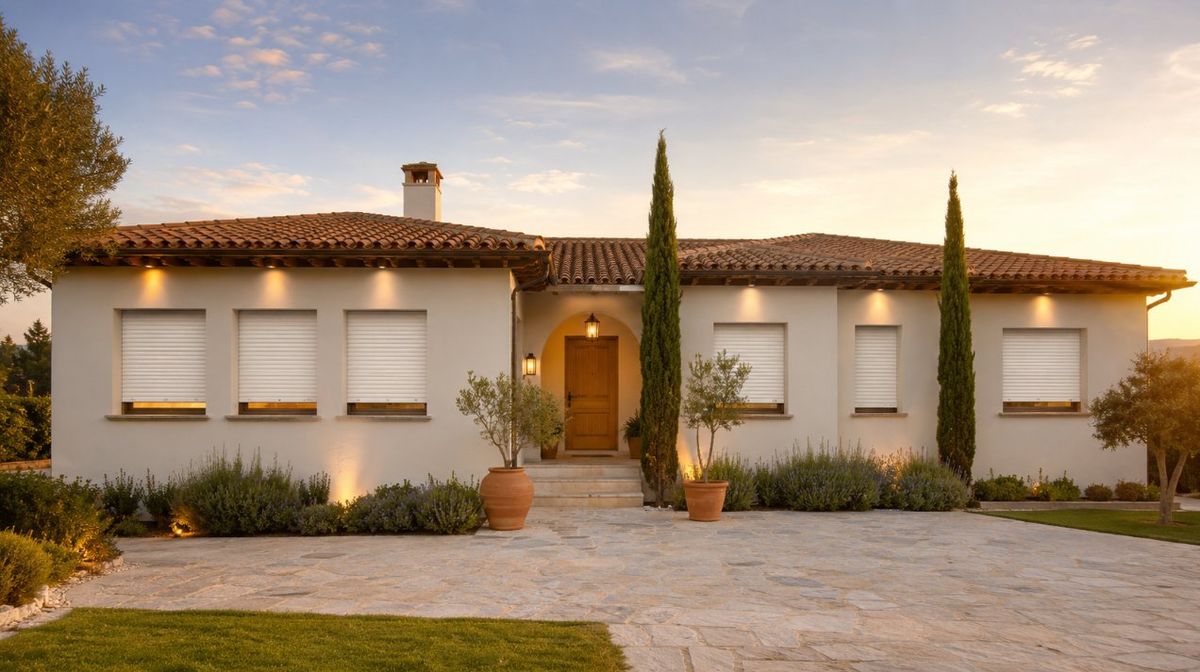 Vivienda mediterránea con persianas instaladas por Repapercam al atardecer